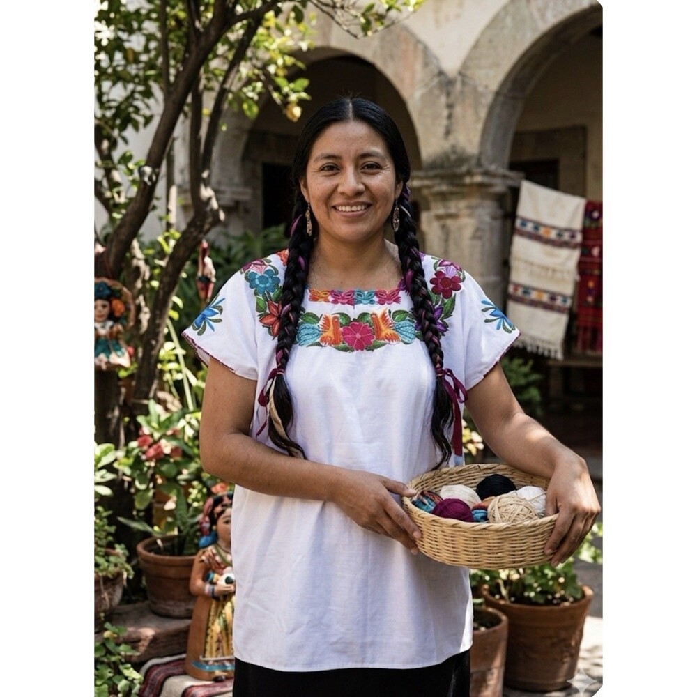 Artesania Embroidered Floral Mexican Top Women's L Multicolor Artsy Retro Boho